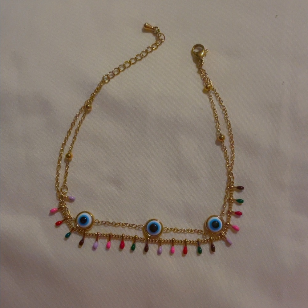 Gold and Blue Beaded anklet with Fringe Pendant